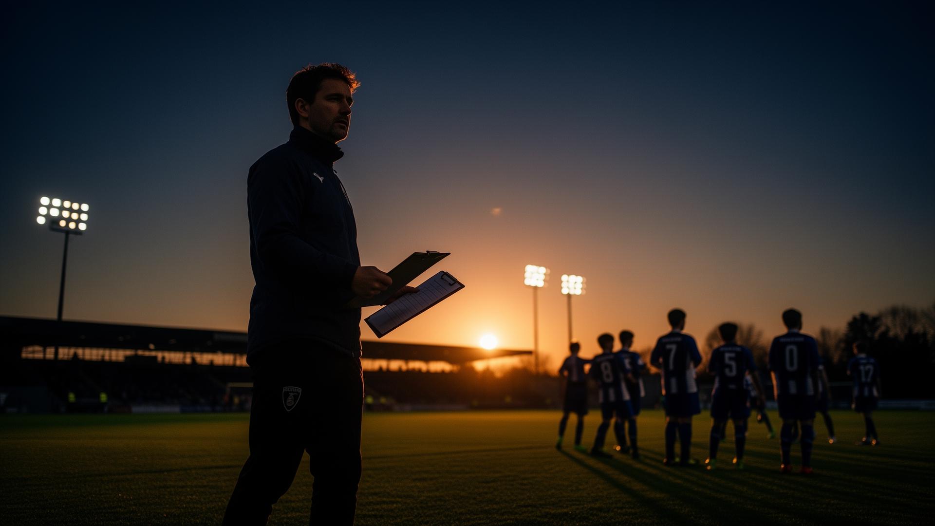 Youth soccer coach on the sideline at sunset